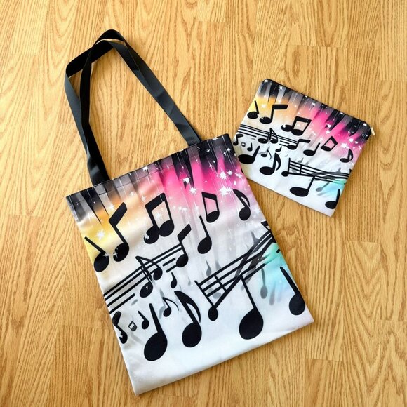 Music Notes Tote Bag with Matching Zipper Pouch Gradient Print - Picture 1 of 9